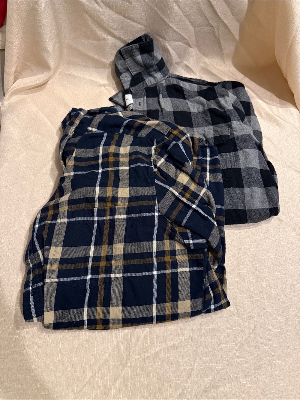 Set of Two Plaid Flannel Shirts - Navy, Gray & Mustard